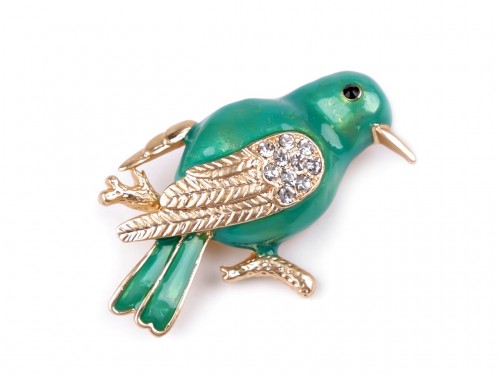  Brož s broušenými kamínky ptáček 1 zelená pastelová