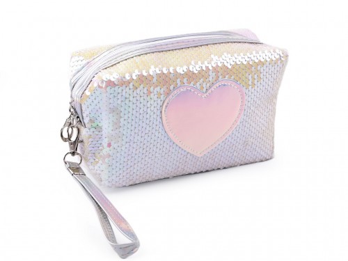  Pouzdro / kosmetická taška s oboustrannými flitry a srdcem 11x18 cm 1 bílá růžová