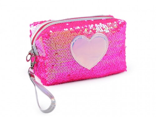  Pouzdro / kosmetická taška s oboustrannými flitry a srdcem 11x18 cm 2 pink