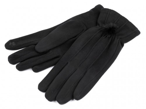  Dámské rukavice s kožešinovou bambulkou, dotykové černá